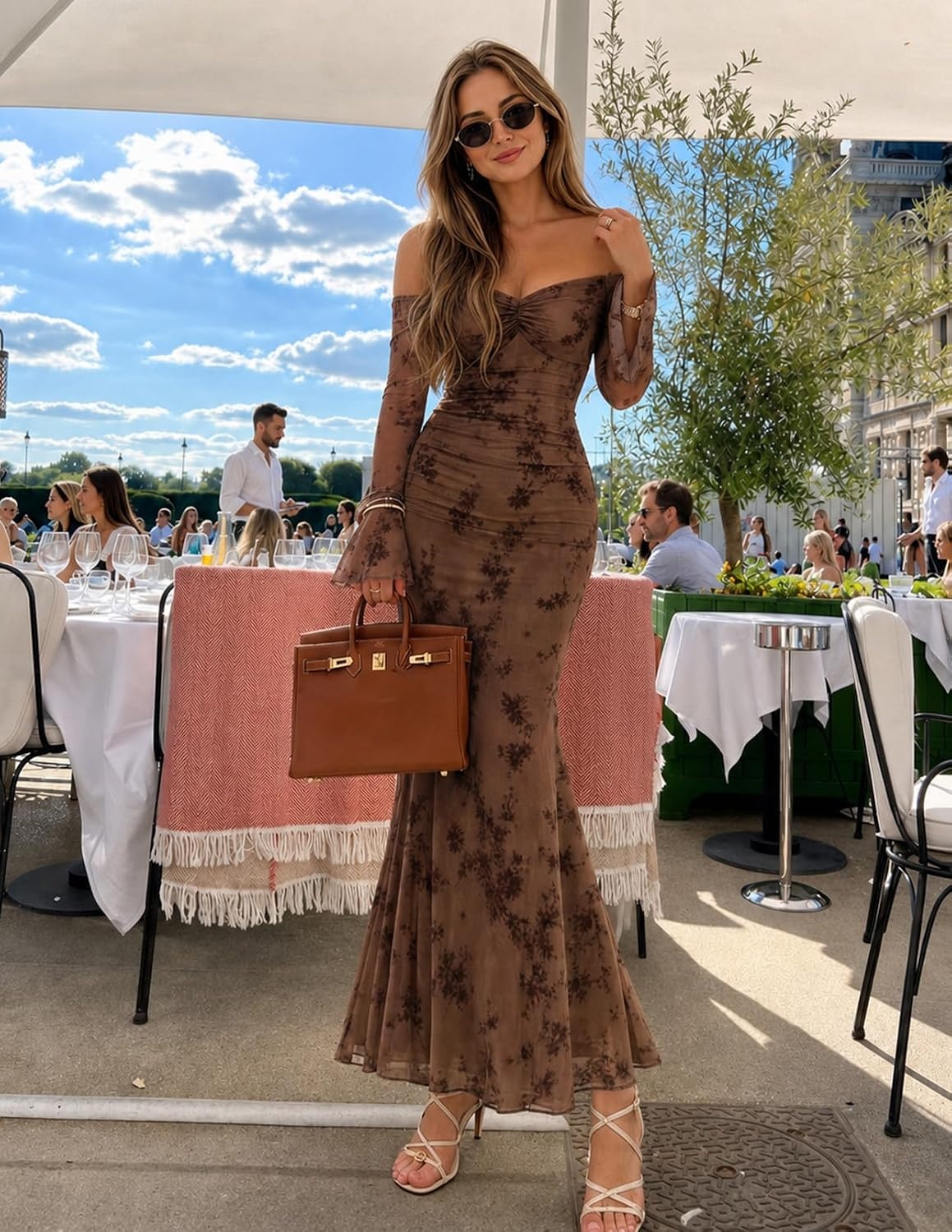image:imageMEROKEETY Womens Off Shoulder Bodycon Fall 2026 Party Formal Maxi Dress Wedding Guest Cocktail Bell Long Sleeve Floral Mesh Ruched Bust 2026 Winter Elegant Sexy Trendy Date Night Club DressesBrown