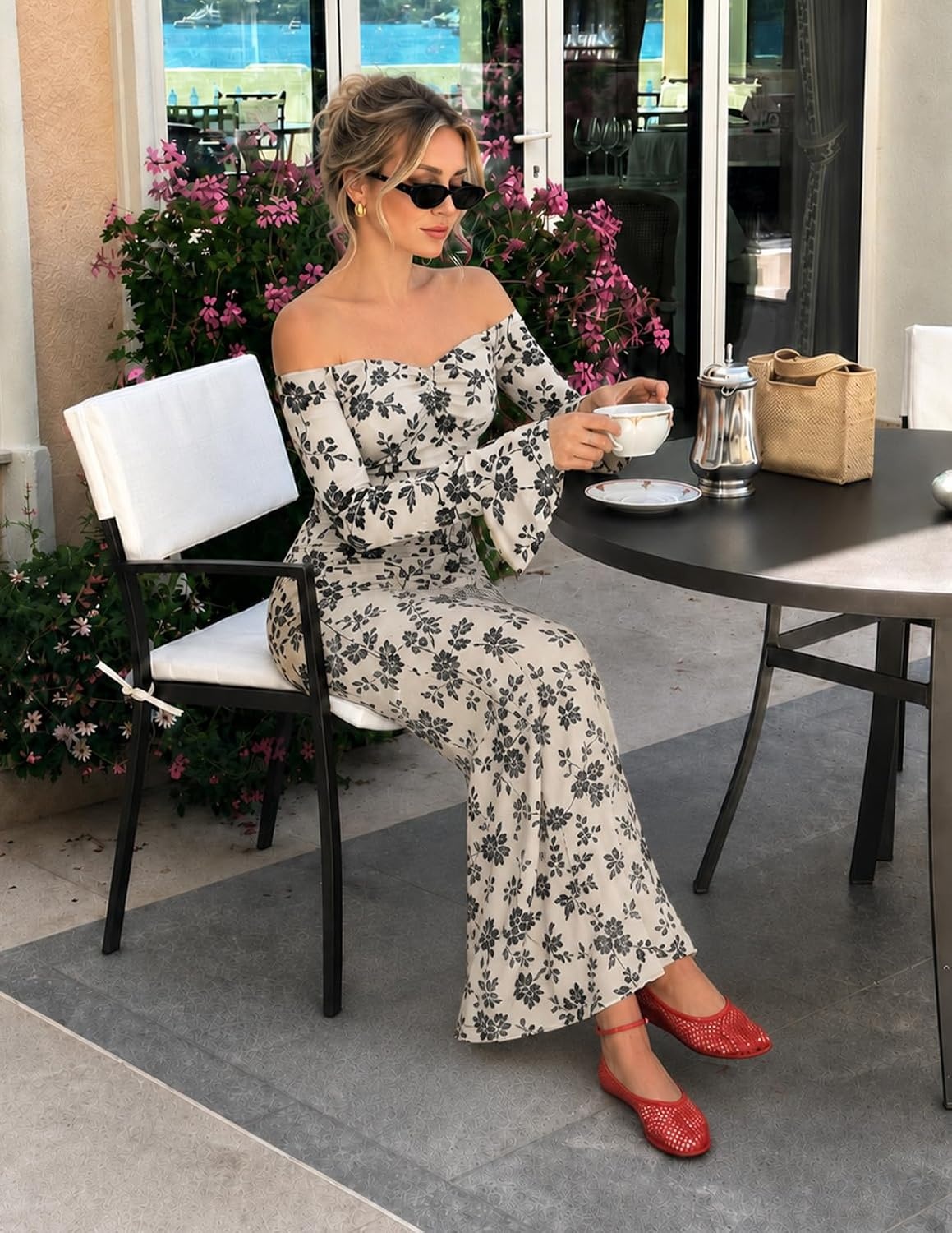 image:imageMEROKEETY Womens Off Shoulder Bodycon Fall 2026 Party Formal Maxi Dress Wedding Guest Cocktail Bell Long Sleeve Floral Mesh Ruched Bust 2026 Winter Elegant Sexy Trendy Date Night Club DressesApricot