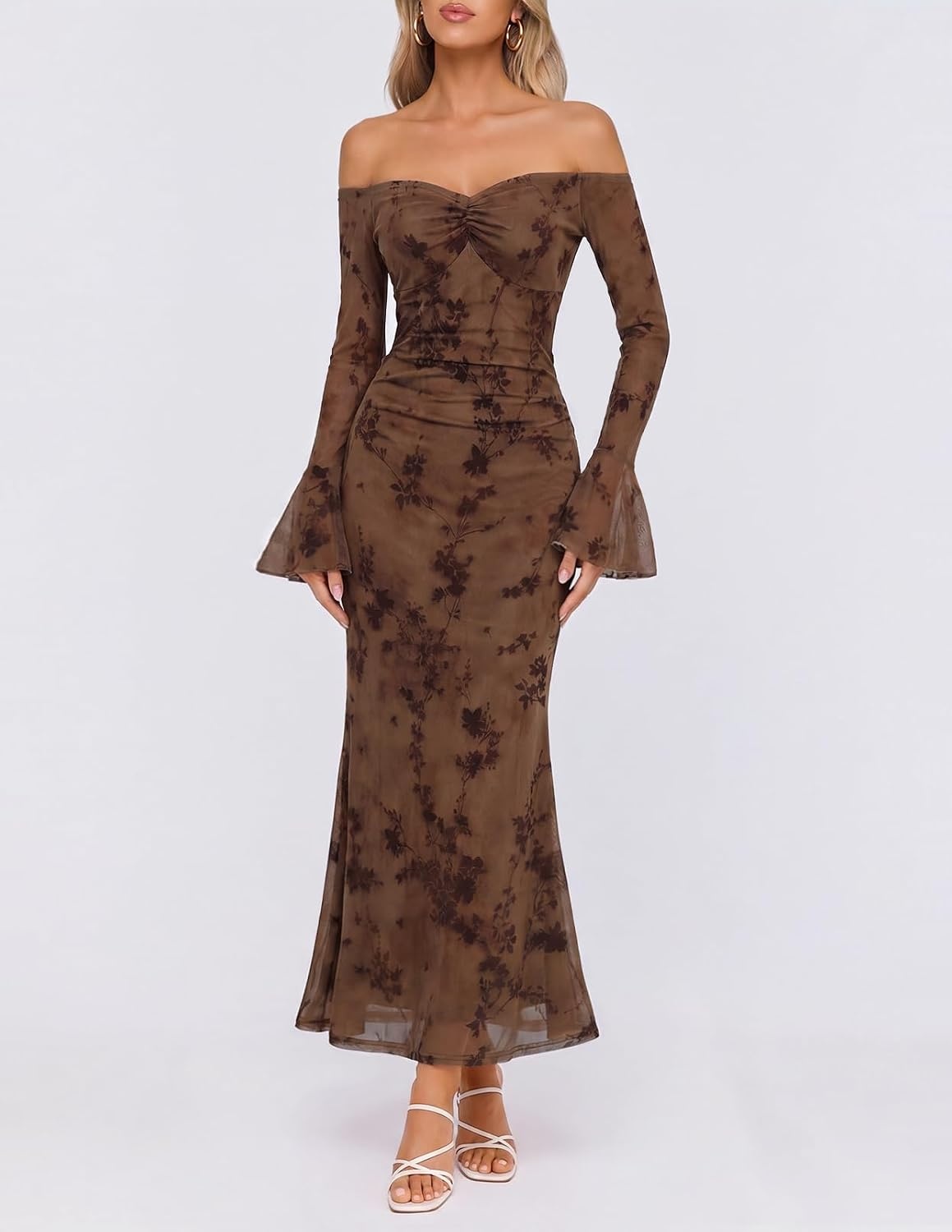 image:imageMEROKEETY Womens Off Shoulder Bodycon Fall 2026 Party Formal Maxi Dress Wedding Guest Cocktail Bell Long Sleeve Floral Mesh Ruched Bust 2026 Winter Elegant Sexy Trendy Date Night Club DressesBrown
