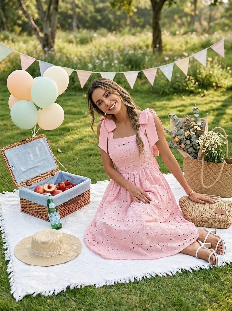 image:imageMEROKEETY Womens Summer Eyelet Square Neck Sundress 2026 Spring Sleeveless Flowy A Line Beach Vacation Long Maxi DressPink