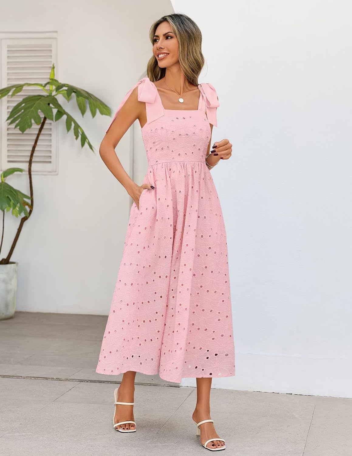 image:imageMEROKEETY Womens Summer Eyelet Square Neck Sundress 2026 Spring Sleeveless Flowy A Line Beach Vacation Long Maxi DressPink