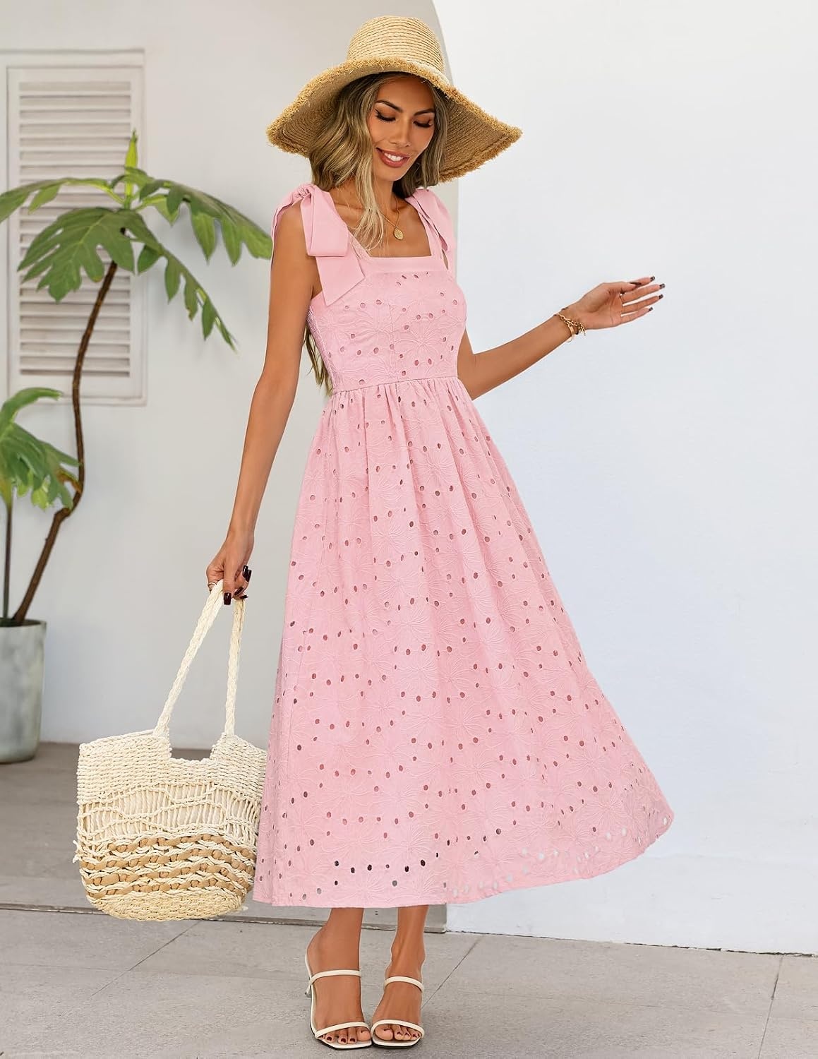 image:imageMEROKEETY Womens Summer Eyelet Square Neck Sundress 2026 Spring Sleeveless Flowy A Line Beach Vacation Long Maxi DressPink