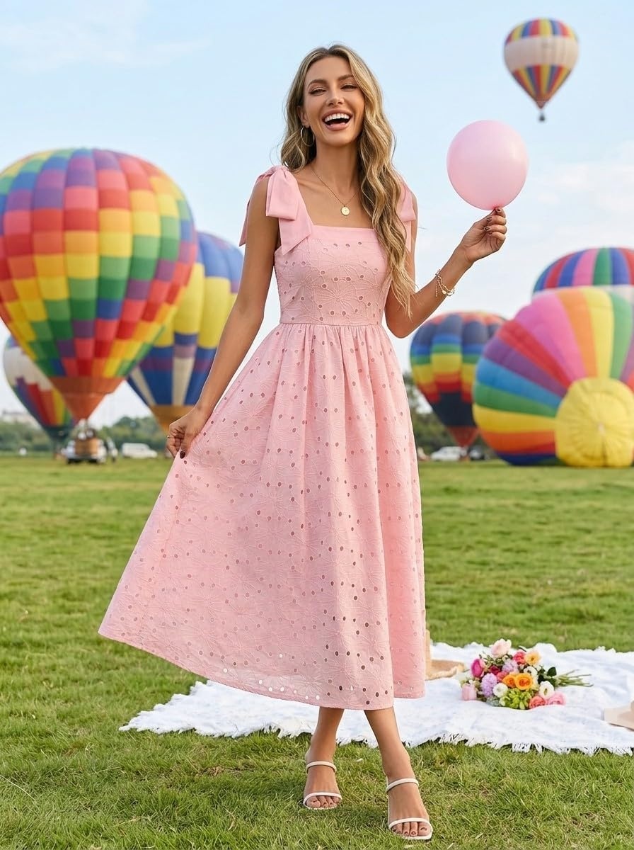 image:imageMEROKEETY Womens Summer Eyelet Square Neck Sundress 2026 Spring Sleeveless Flowy A Line Beach Vacation Long Maxi DressPink