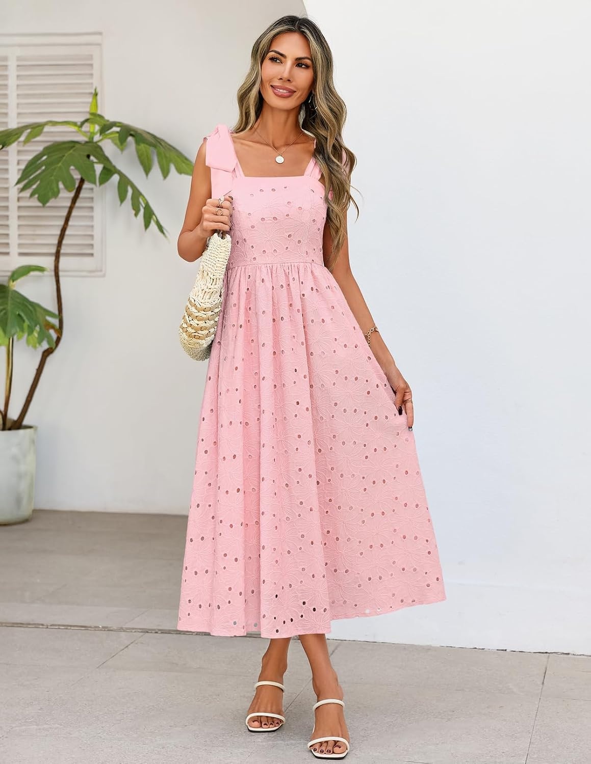 image:imageMEROKEETY Womens Summer Eyelet Square Neck Sundress 2026 Spring Sleeveless Flowy A Line Beach Vacation Long Maxi DressPink