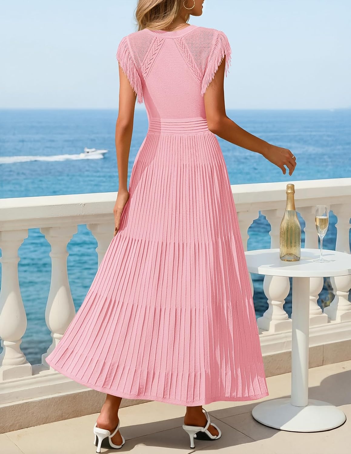 image:imageMEROKEETY Womens Summer Sleeveless Fringe Dress A Line Pleated Midi Dress Round Neck Flowy Hem Business Casual Outfits 2026 Strerchy Ribbed Knit Wedding Guest Cocktail Baby ShowerPink