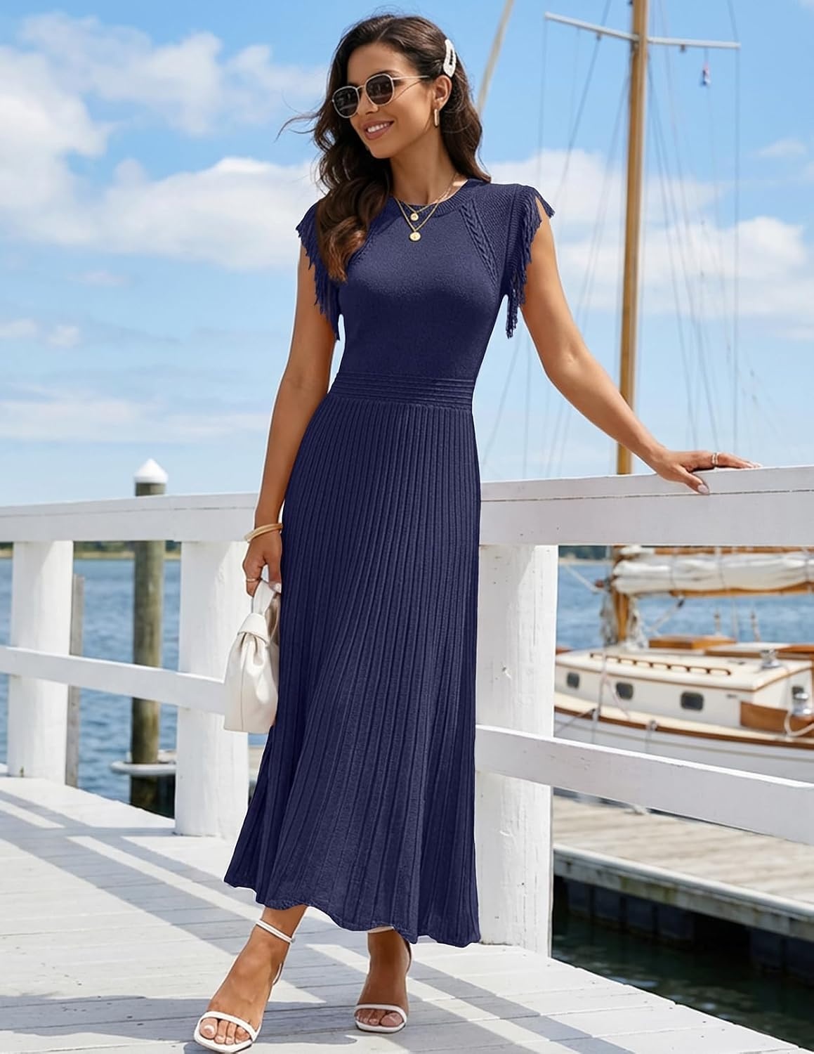 image:imageMEROKEETY Womens Summer Sleeveless Fringe Dress A Line Pleated Midi Dress Round Neck Flowy Hem Business Casual Outfits 2026 Strerchy Ribbed Knit Wedding Guest Cocktail Baby ShowerNavy