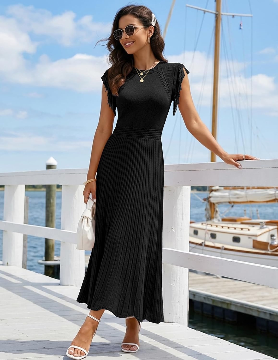image:imageMEROKEETY Womens Summer Sleeveless Fringe Dress A Line Pleated Midi Dress Round Neck Flowy Hem Business Casual Outfits 2026 Strerchy Ribbed Knit Wedding Guest Cocktail Baby ShowerBlack