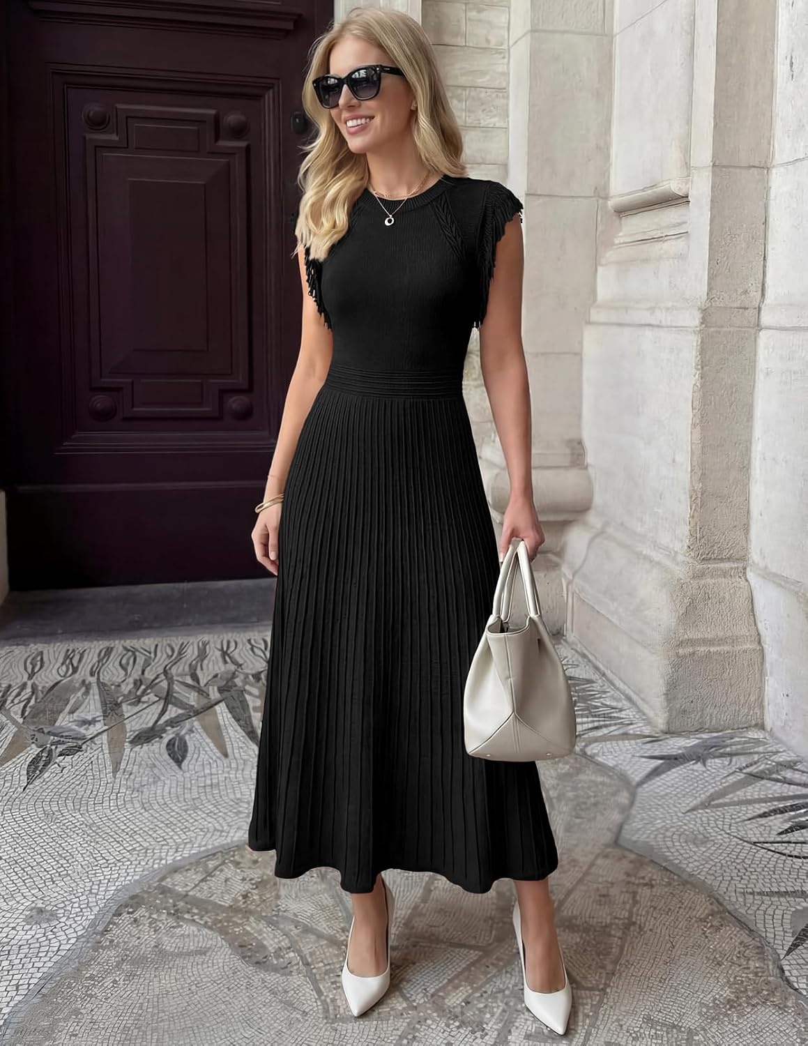 image:imageMEROKEETY Womens Summer Sleeveless Fringe Dress A Line Pleated Midi Dress Round Neck Flowy Hem Business Casual Outfits 2026 Strerchy Ribbed Knit Wedding Guest Cocktail Baby ShowerBlack