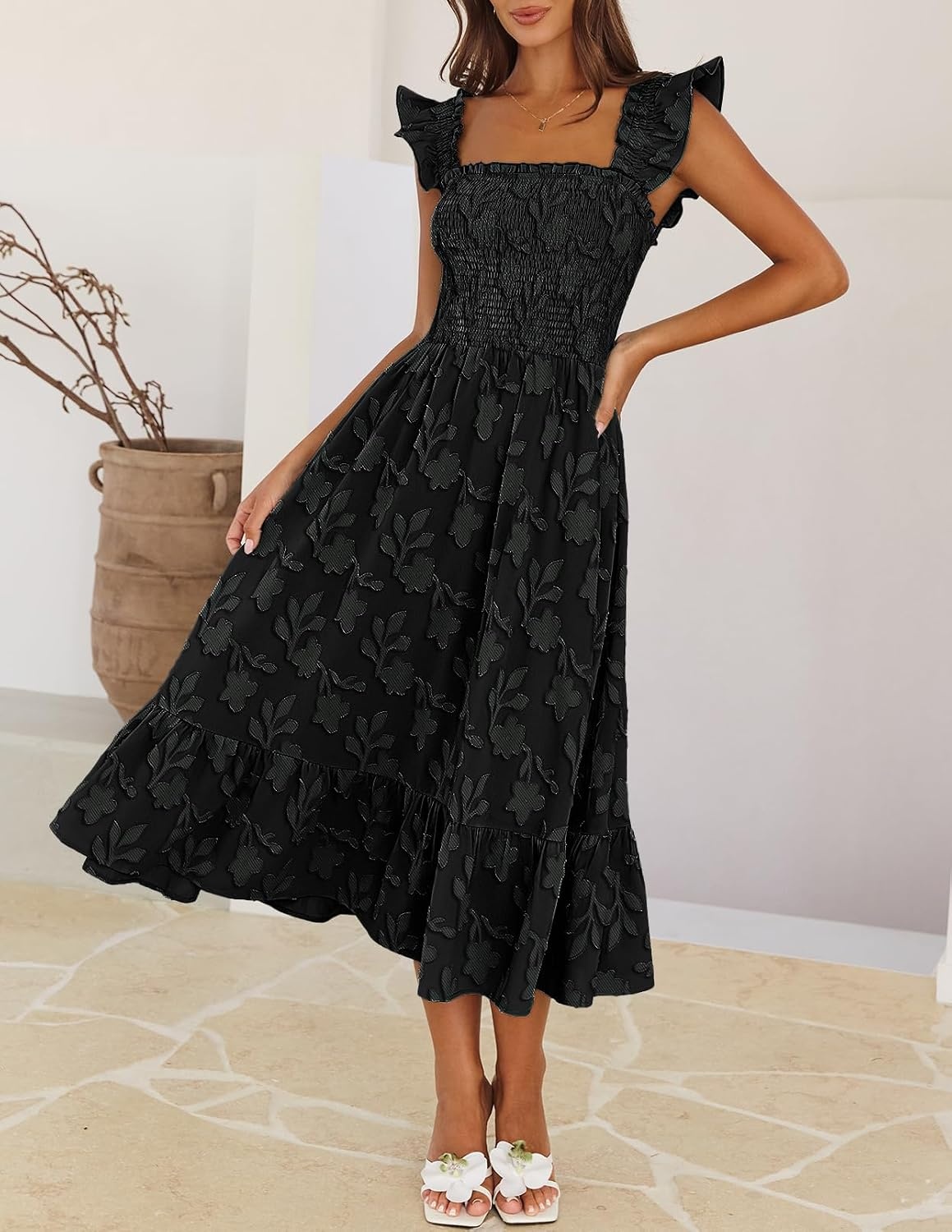 image:imageMEROKEETY Womens Summer Sleeveless Smocked Floral Maxi Dress Square Neck Flowy Sundress Ruffle Straps Side Pockets Boho Beach Vacation Tiered Ruffle Hem A Line Long DressBlack