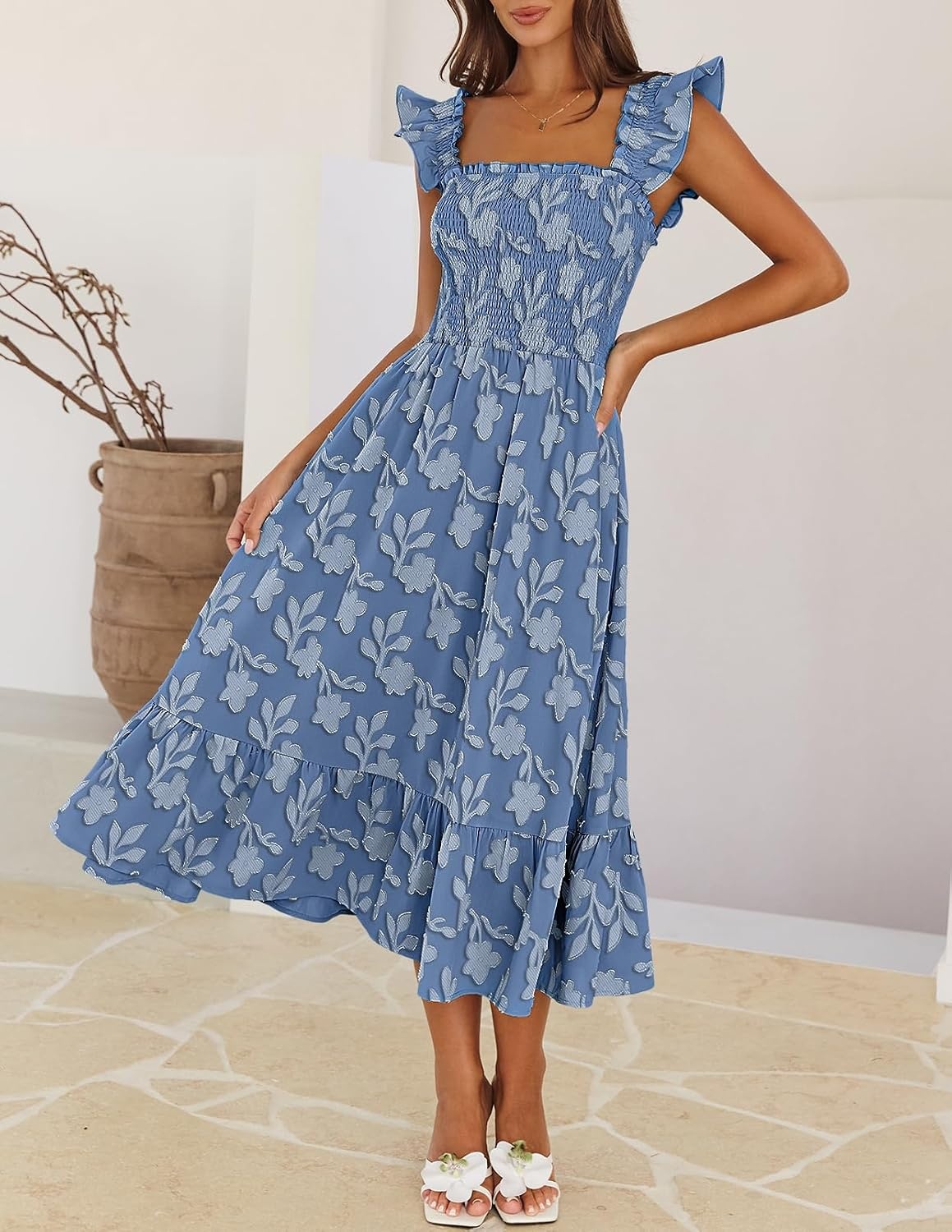 image:imageMEROKEETY Womens Summer Sleeveless Smocked Floral Maxi Dress Square Neck Flowy Sundress Ruffle Straps Side Pockets Boho Beach Vacation Tiered Ruffle Hem A Line Long DressDusty Blue