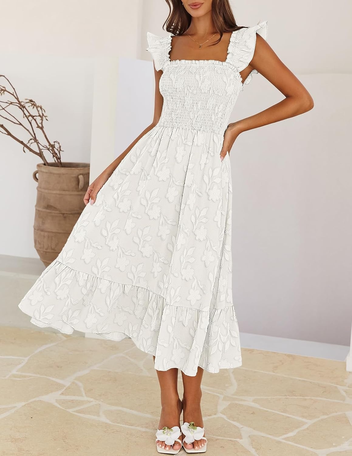 image:imageMEROKEETY Womens Summer Sleeveless Smocked Floral Maxi Dress Square Neck Flowy Sundress Ruffle Straps Side Pockets Boho Beach Vacation Tiered Ruffle Hem A Line Long DressWhite
