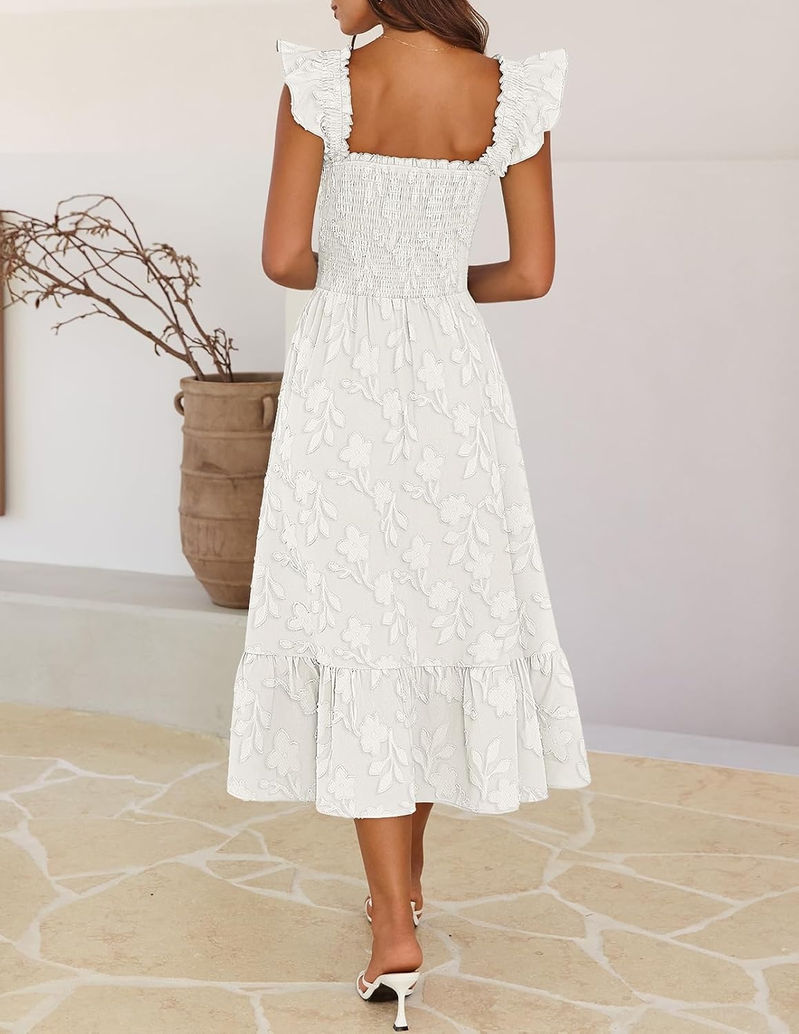 image:imageMEROKEETY Womens Summer Sleeveless Smocked Floral Maxi Dress Square Neck Flowy Sundress Ruffle Straps Side Pockets Boho Beach Vacation Tiered Ruffle Hem A Line Long DressWhite