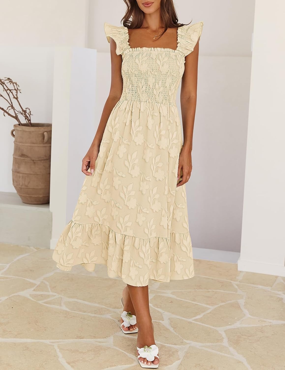 image:imageMEROKEETY Womens Summer Sleeveless Smocked Floral Maxi Dress Square Neck Flowy Sundress Ruffle Straps Side Pockets Boho Beach Vacation Tiered Ruffle Hem A Line Long DressApricot