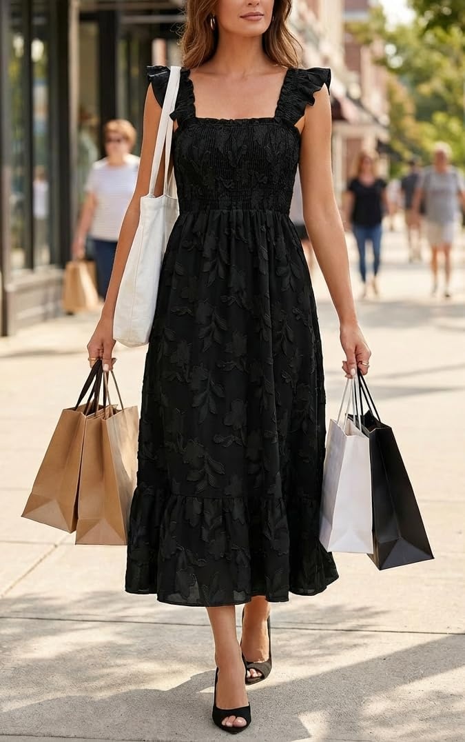 image:imageMEROKEETY Womens Summer Sleeveless Smocked Floral Maxi Dress Square Neck Flowy Sundress Ruffle Straps Side Pockets Boho Beach Vacation Tiered Ruffle Hem A Line Long DressBlack