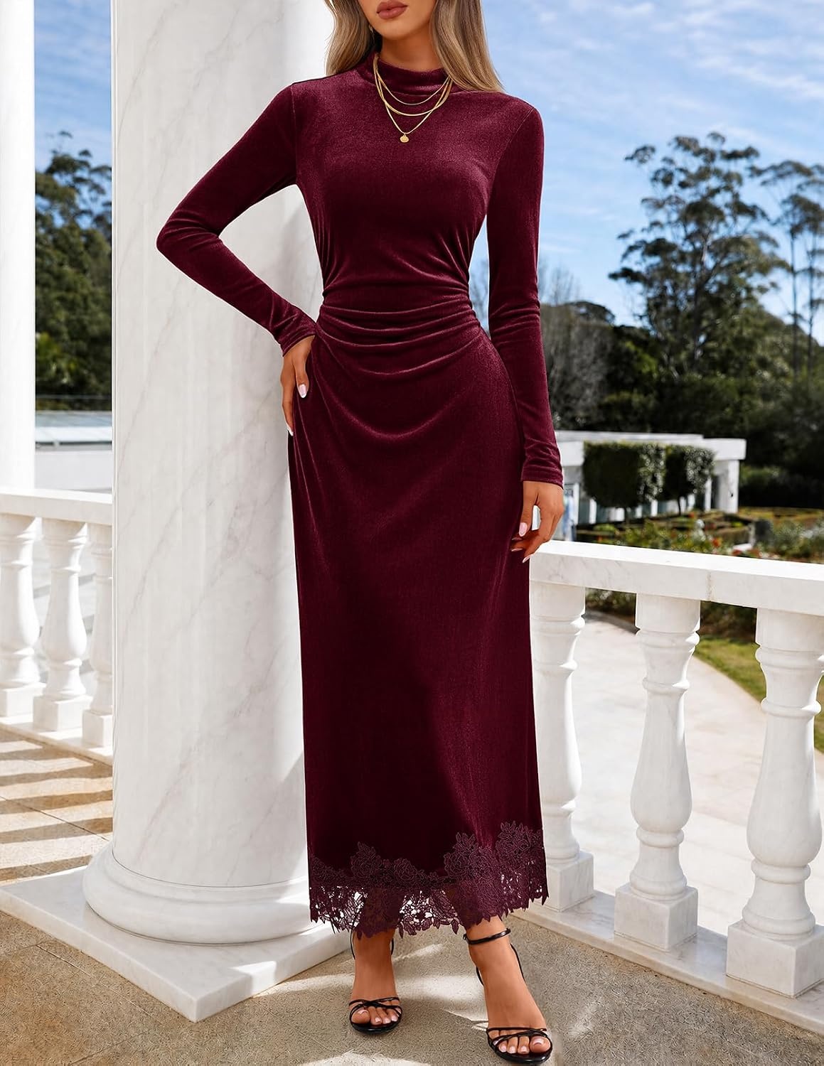 image:imageMEROKEETY Womens Velvet Lace Wedding Guest Cocktail Maxi Dress Long Sleeve Mock Neck Ruched Waist Elegant Fall Dress 2026 Back Slit Zipper Formal Maxi Dress Slimming Fit Date NightWine