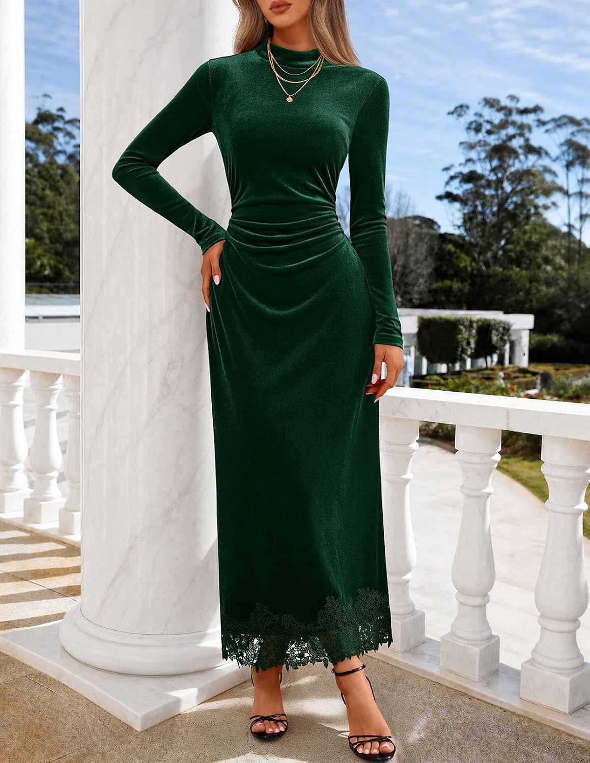 image:imageMEROKEETY Womens Velvet Lace Wedding Guest Cocktail Maxi Dress Long Sleeve Mock Neck Ruched Waist Elegant Fall Dress 2026 Back Slit Zipper Formal Maxi Dress Slimming Fit Date NightDarkgreen