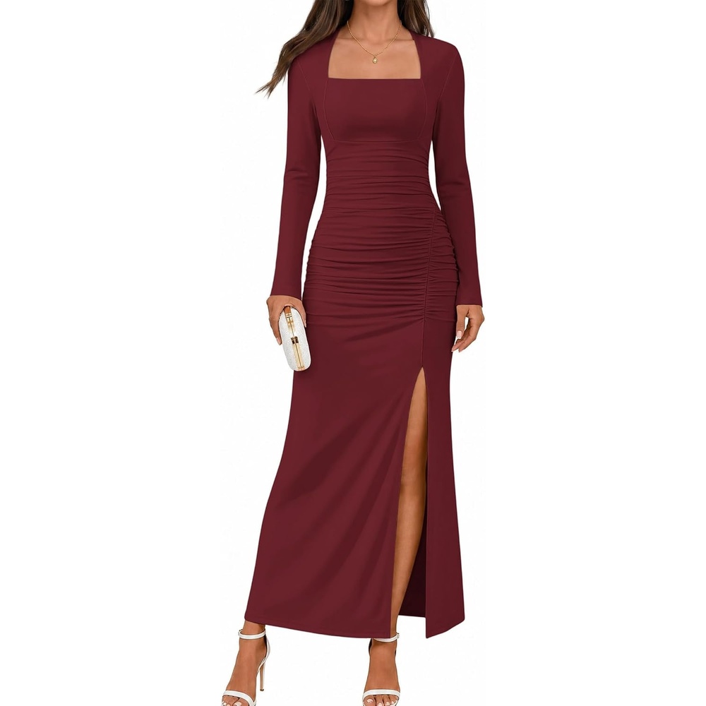 image:imageMEROKEETY Womens Fall Long Sleeve Bodycon 2026 Wedding Guest Maxi Dress  Elegant Square Neck Ruched Side Slit Slim Fit Formal Cocktail Party Sexy Trendy Fashion Date Night Prom Long DressesWine
