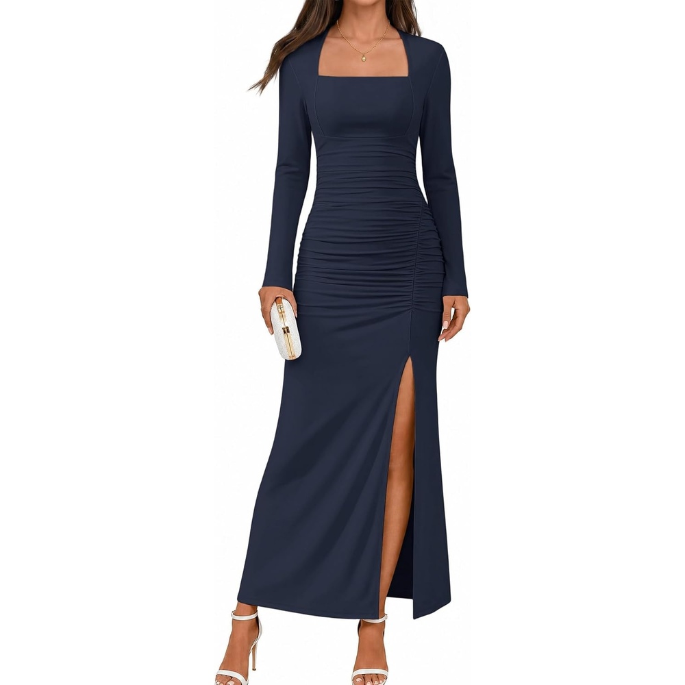 image:imageMEROKEETY Womens Fall Long Sleeve Bodycon 2026 Wedding Guest Maxi Dress  Elegant Square Neck Ruched Side Slit Slim Fit Formal Cocktail Party Sexy Trendy Fashion Date Night Prom Long DressesNavy
