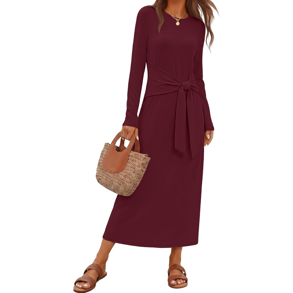image:imageMEROKEETY Womens Fall Long Sleeve Casual T Shirt Work Maxi Dress  Tie Waist Wrap Crew Neck Business Casual Slim Fit Long Dress Elegant Solid Color 2026 Winter Dressy VacationBurgundy