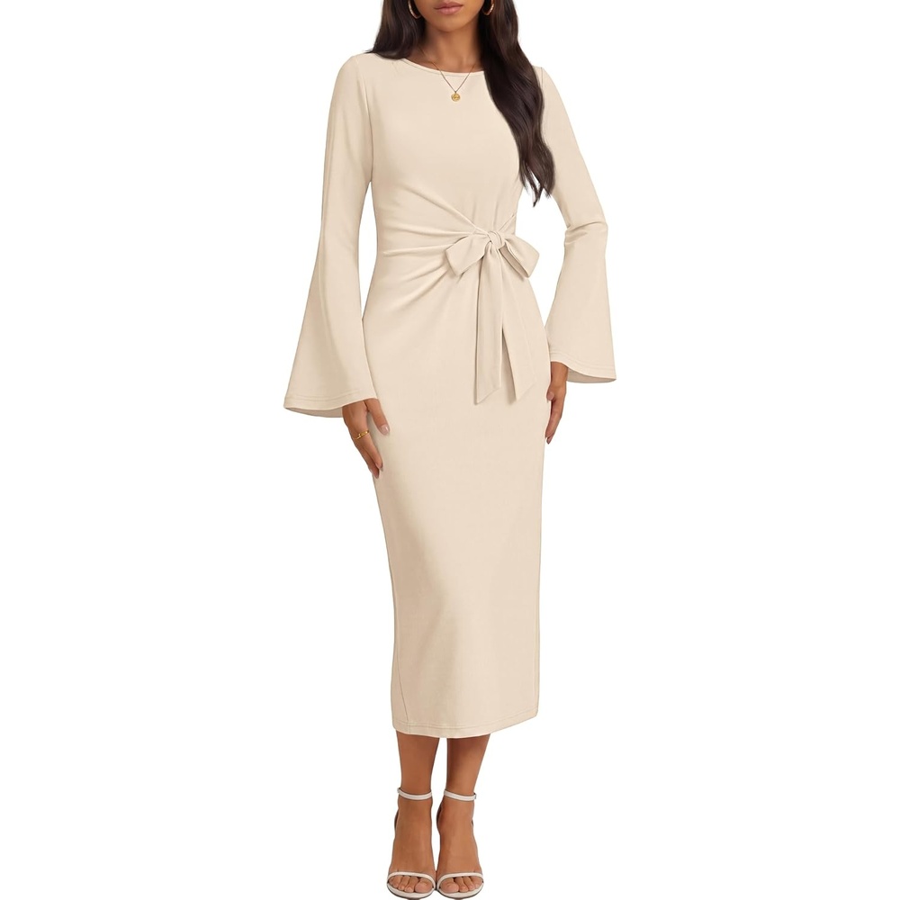 image:imageMEROKEETY Womens Fall Long Sleeve Tie Waist Boat Neck Elegant Midi Dresses Ruched Waist Trendy Bell Sleeve Back Slit Slimming Fit Business Casual Formal Wedding Guest Cocktail Dress Work OutfitsApricot