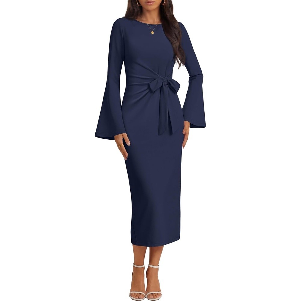 image:imageMEROKEETY Womens Fall Long Sleeve Tie Waist Boat Neck Elegant Midi Dresses  Ruched Waist Trendy Bell Sleeve Back Slit Slimming Fit Business Casual Formal Wedding Guest Cocktail Dress Work OutfitsNavy