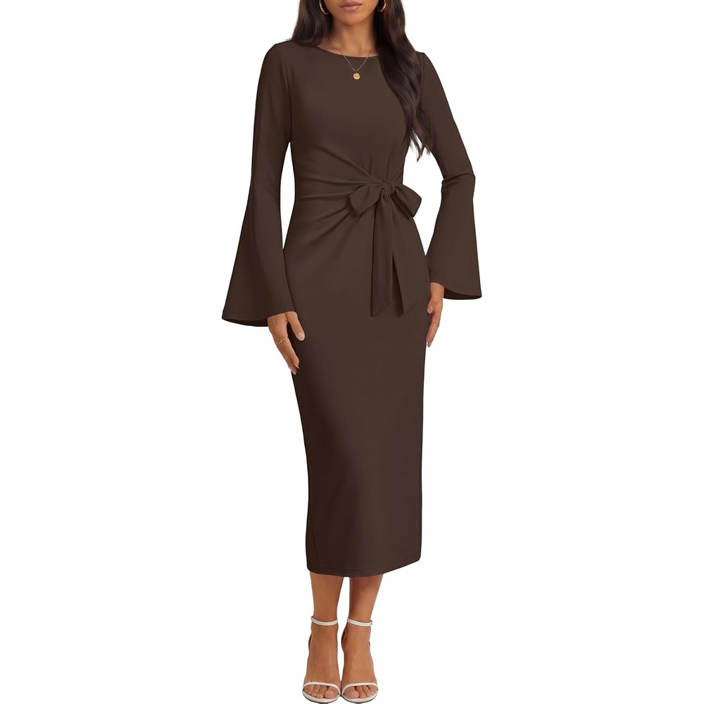 image:imageMEROKEETY Womens Fall Long Sleeve Tie Waist Boat Neck Elegant Midi Dresses  Ruched Waist Trendy Bell Sleeve Back Slit Slimming Fit Business Casual Formal Wedding Guest Cocktail Dress Work OutfitsCoffee