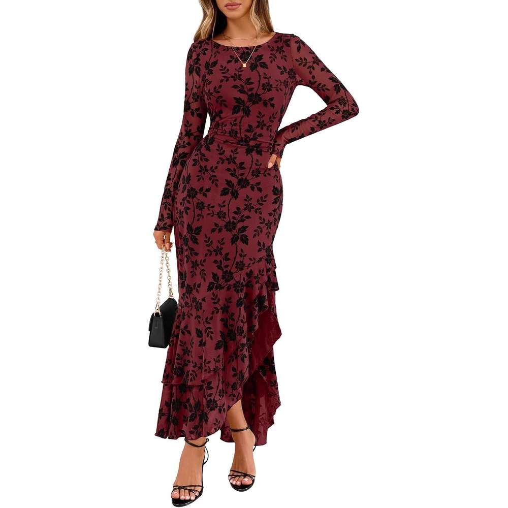 image:imageMEROKEETY Womens Fall Wedding Guest Cocktail Formal Maxi Dresses Long Sleeve Floral Boat Neck Bodycon Asymmetric Ruffle Hem Mesh Sexy High Slit Bridesmaid Dinner 2026 Long DressWine