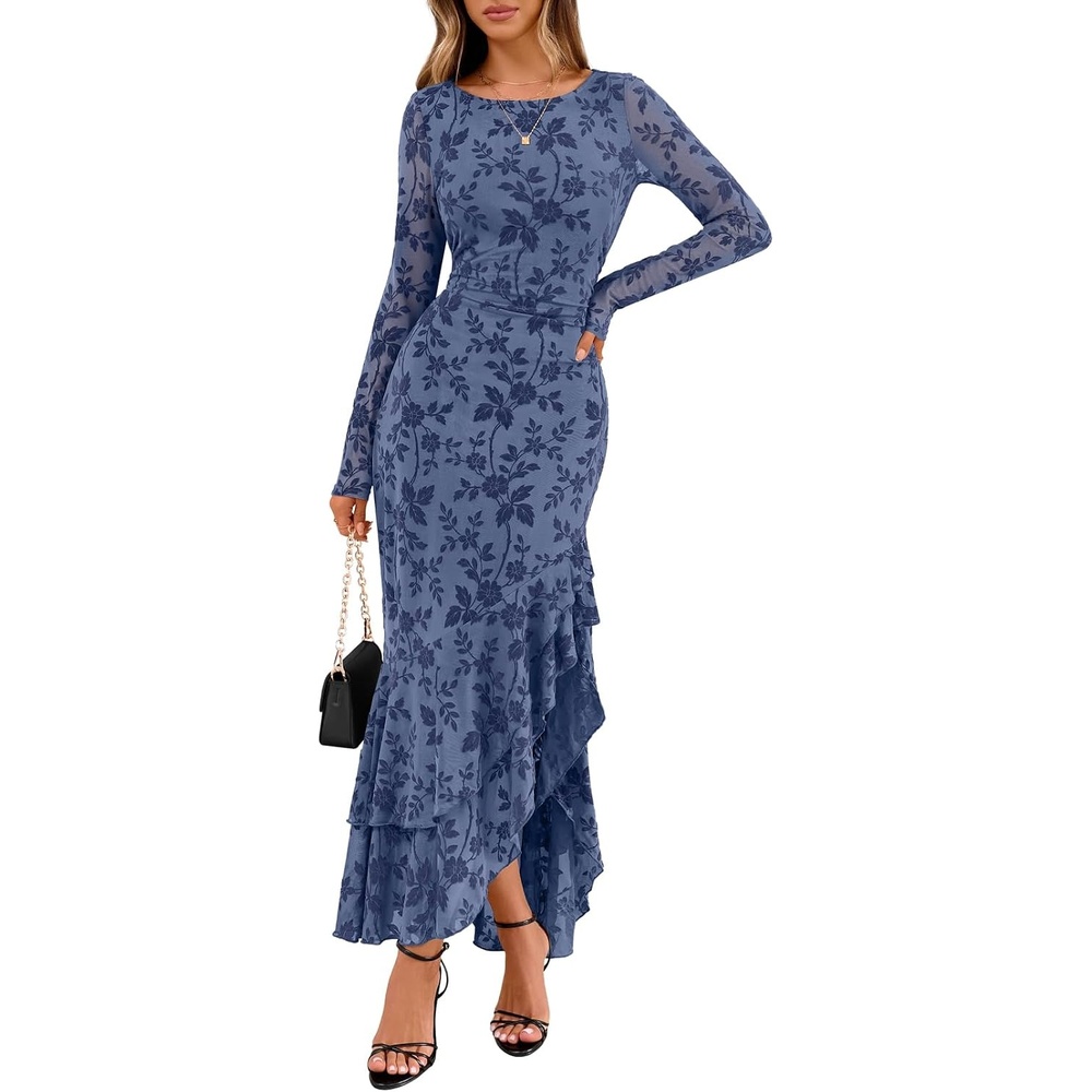 image:imageMEROKEETY Womens Fall Wedding Guest Cocktail Formal Maxi Dresses  Long Sleeve Floral Boat Neck Bodycon Asymmetric Ruffle Hem Mesh Sexy High Slit Bridesmaid Dinner 2026 Long DressDusty Blue