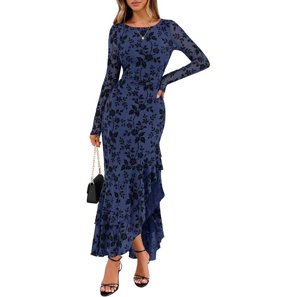 image:imageMEROKEETY Womens Fall Wedding Guest Cocktail Formal Maxi Dresses Long Sleeve Floral Boat Neck Bodycon Asymmetric Ruffle Hem Mesh Sexy High Slit Bridesmaid Dinner 2026 Long DressNavy