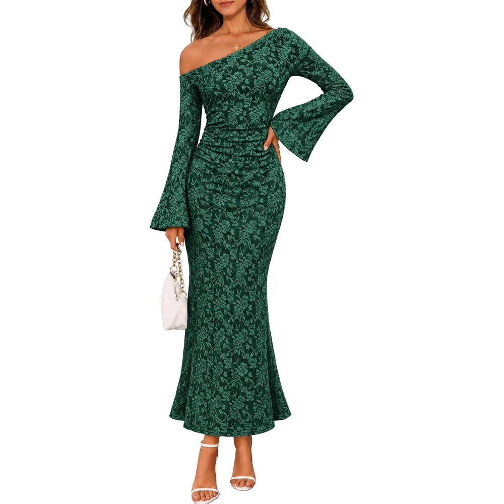 image:imageMEROKEETY Womens Lace Off The Shoulder Wedding Guest Maxi Dress 2026 Floral Jacquard Bell Long Sleeve Fitted Bodycon Ruched Lined Elegant Formal Outfifs Cocktail Party Date Night DressesDarkgreen
