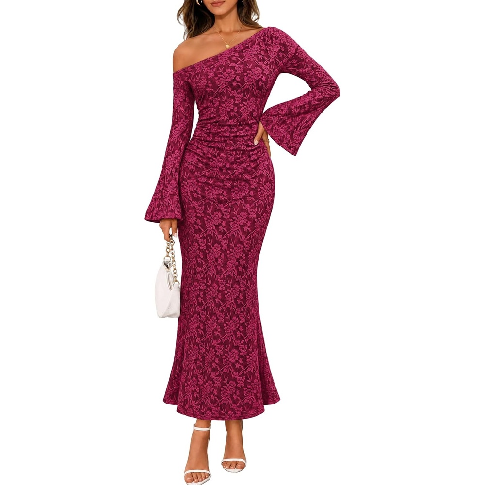 image:imageMEROKEETY Womens Lace Off The Shoulder Wedding Guest Maxi Dress 2026 Floral Jacquard Bell Long Sleeve Fitted Bodycon Ruched Lined Elegant Formal Outfifs Cocktail Party Date Night DressesBurgundy
