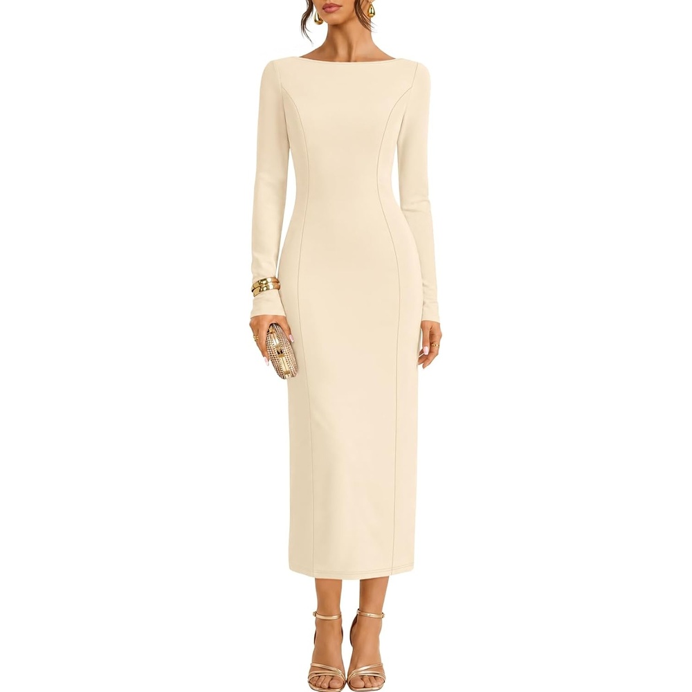 image:imageMEROKEETY Womens Long Sleeve Bodycon Fall Wedding Guest Elegant Maxi Dress Modest Work Business Casual Church Dressy Formal Cocktail Party Long Dress Boat Neck Slim Fit Lined 2026 Trendy FashionApricot
