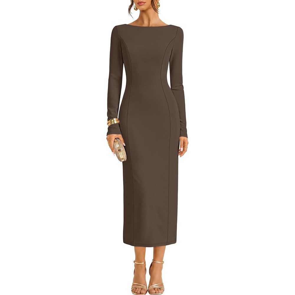 image:imageMEROKEETY Womens Long Sleeve Bodycon Fall Wedding Guest Elegant Maxi Dress Modest Work Business Casual Church Dressy Formal Cocktail Party Long Dress Boat Neck Slim Fit Lined 2026 Trendy FashionCoffee