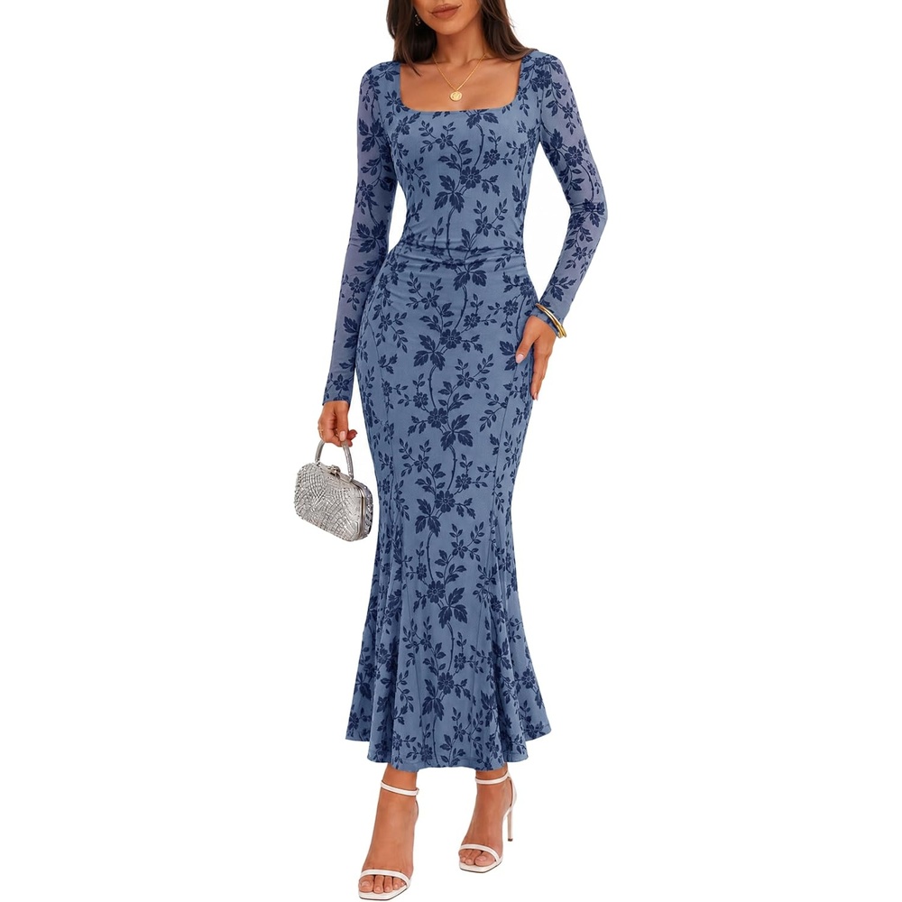 image:imageMEROKEETY Womens Long Sleeve Floral Ruched Fall Wedding Guest Dress 2026 Formal Maxi Dress Square Neck Mermaid Hem Stretchy Lined Bodycon Cocktail Party Baby Shower Bridal Holiday dressDustyblue