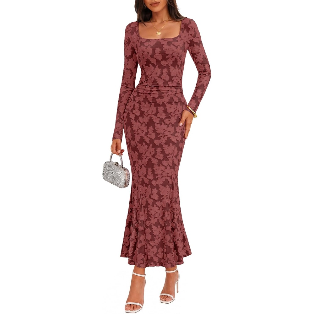 image:imageMEROKEETY Womens Long Sleeve Floral Ruched Fall Wedding Guest Dress 2026 Formal Maxi Dress Square Neck Mermaid Hem Stretchy Lined Bodycon Cocktail Party Baby Shower Bridal Holiday dressWinered