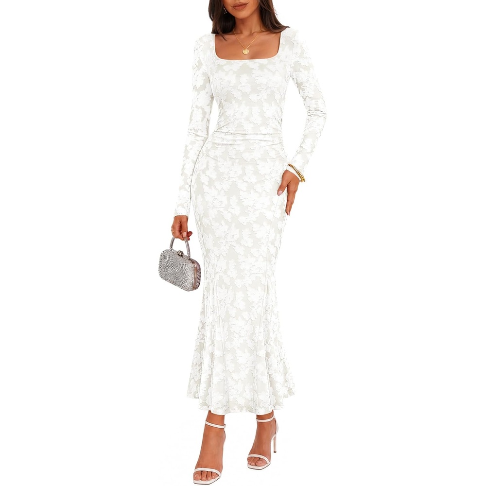 image:imageMEROKEETY Womens Long Sleeve Floral Ruched Fall Wedding Guest Dress 2026 Formal Maxi Dress Square Neck Mermaid Hem Stretchy Lined Bodycon Cocktail Party Baby Shower Bridal Holiday dressWhite