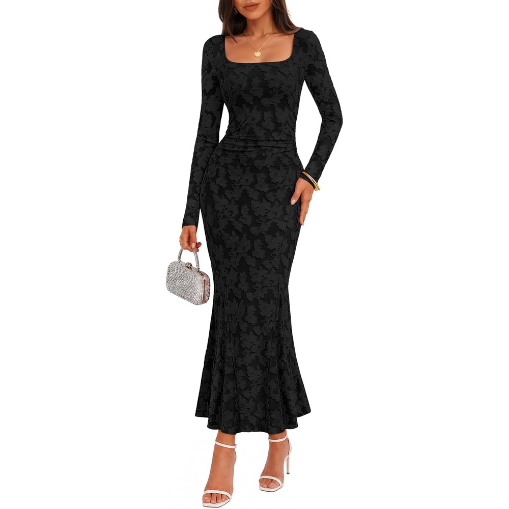 image:imageMEROKEETY Womens Long Sleeve Floral Ruched Fall Wedding Guest Dress 2026  Formal Maxi Dress Square Neck Mermaid Hem Stretchy Lined Bodycon Cocktail Party Baby Shower Bridal Holiday dressBlack