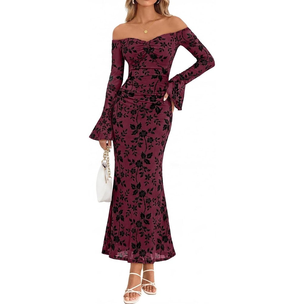 image:imageMEROKEETY Womens Off Shoulder Bodycon Fall 2026 Party Formal Maxi Dress Wedding Guest Cocktail Bell Long Sleeve Floral Mesh Ruched Bust 2026 Winter Elegant Sexy Trendy Date Night Club DressesBurgundy
