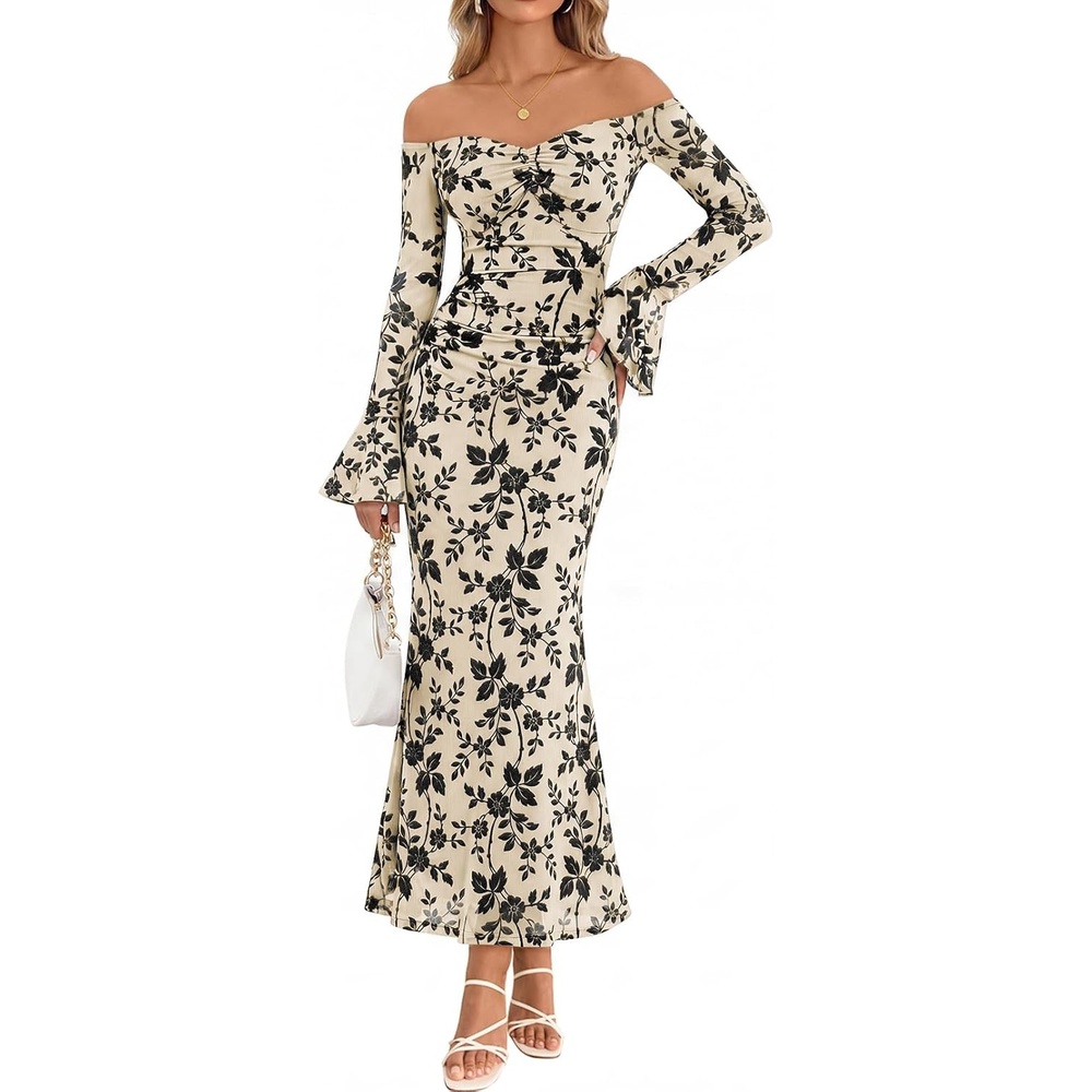 image:imageMEROKEETY Womens Off Shoulder Bodycon Fall 2026 Party Formal Maxi Dress Wedding Guest Cocktail Bell Long Sleeve Floral Mesh Ruched Bust 2026 Winter Elegant Sexy Trendy Date Night Club DressesApricot