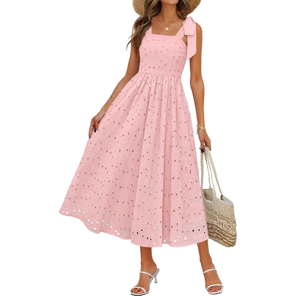 image:imageMEROKEETY Womens Summer Eyelet Square Neck Sundress 2026 Spring Sleeveless Flowy A Line Beach Vacation Long Maxi DressPink