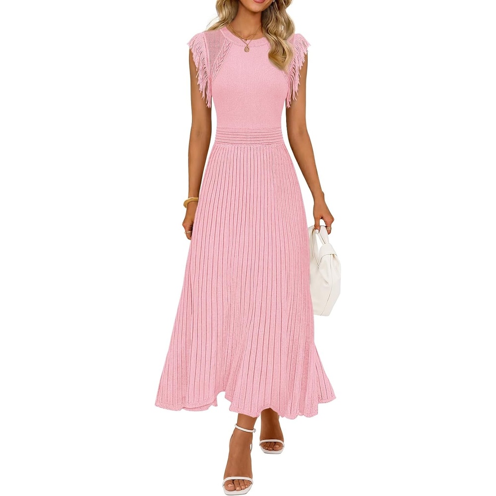 image:imageMEROKEETY Womens Summer Sleeveless Fringe Dress A Line Pleated Midi Dress  Round Neck Flowy Hem Business Casual Outfits 2026 Strerchy Ribbed Knit Wedding Guest Cocktail Baby ShowerPink