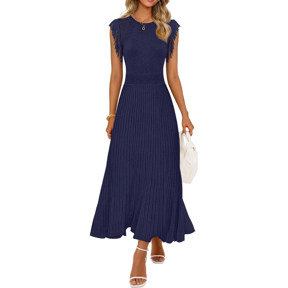 image:imageMEROKEETY Womens Summer Sleeveless Fringe Dress A Line Pleated Midi Dress Round Neck Flowy Hem Business Casual Outfits 2026 Strerchy Ribbed Knit Wedding Guest Cocktail Baby ShowerNavy