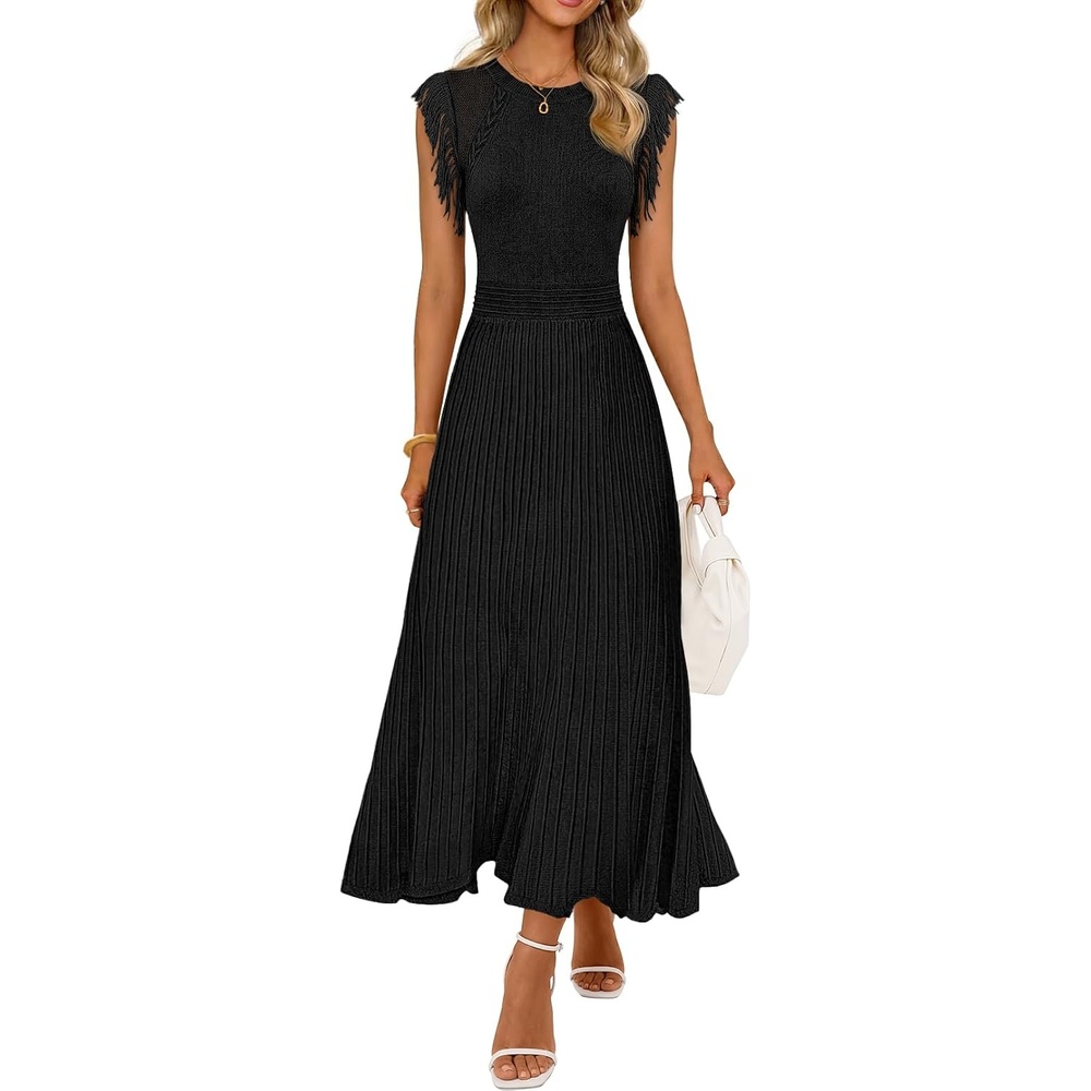 image:imageMEROKEETY Womens Summer Sleeveless Fringe Dress A Line Pleated Midi Dress Round Neck Flowy Hem Business Casual Outfits 2026 Strerchy Ribbed Knit Wedding Guest Cocktail Baby ShowerBlack