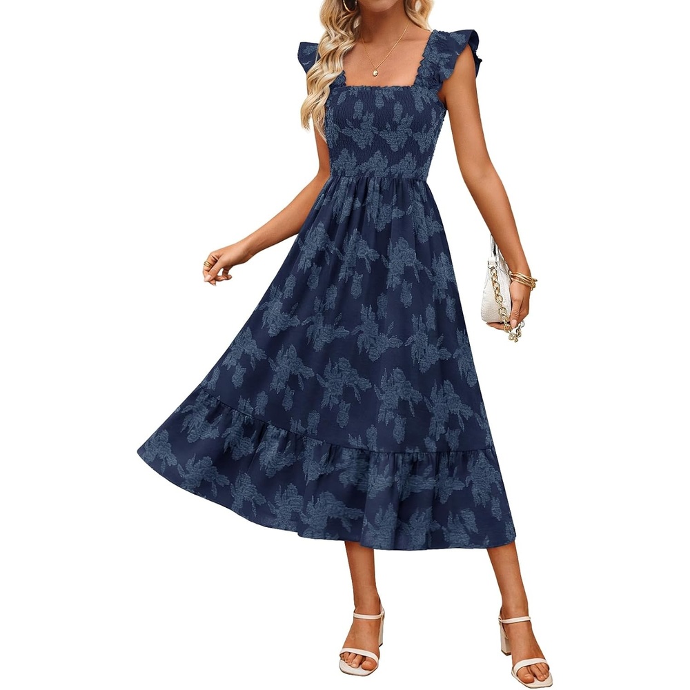 image:imageMEROKEETY Womens Summer Sleeveless Smocked Floral Maxi Dress Square Neck Flowy Sundress Ruffle Straps Side Pockets Boho Beach Vacation Tiered Ruffle Hem A Line Long DressNavy