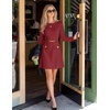 MEROKEETY Women’s Fall Business Casual Work Office Long Sleeve Mini Dress | A Line, Bodycon, Elegant Classy, Cocktail, Dinner, Date Night, Decorative Pockets, Metal Buttons, Back Zipper, Elastic Belt(Wine)