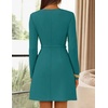 MEROKEETY Women’s Fall Business Casual Work Office Long Sleeve Mini Dress | A Line, Bodycon, Elegant Classy, Cocktail, Dinner, Date Night, Decorative Pockets, Metal Buttons, Back Zipper, Elastic Belt(Teal)