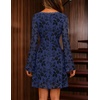 MEROKEETY Women’s Fall Floral Mesh Long Sleeve Going Out Club Mini Dress | Bell Sleeves, Ruched, Cinched Waist, Lace Trimmed V Neck, Fitted, Y2K, Sexy, Date Night Outfits, Cocktail Short Dresses(Navy)