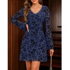 MEROKEETY Women’s Fall Floral Mesh Long Sleeve Going Out Club Mini Dress | Bell Sleeves, Ruched, Cinched Waist, Lace Trimmed V Neck, Fitted, Y2K, Sexy, Date Night Outfits, Cocktail Short Dresses(Navy)