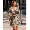 MEROKEETY Women’s Fall Floral Mesh Long Sleeve Going Out Club Mini Dress | Bell Sleeves, Ruched, Cinched Waist, Lace Trimmed V Neck, Fitted, Y2K, Sexy, Date Night Outfits, Cocktail Short Dresses(Apricot)