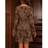 MEROKEETY Women’s Fall Floral Mesh Long Sleeve Going Out Club Mini Dress | Bell Sleeves, Ruched, Cinched Waist, Lace Trimmed V Neck, Fitted, Y2K, Sexy, Date Night Outfits, Cocktail Short Dresses(Brown)